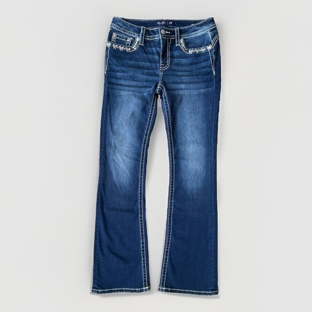 Miss Me Graphite Stitched Bootcut Jeans Women’s Size 29 Tall Mid-Rise Dark Wash